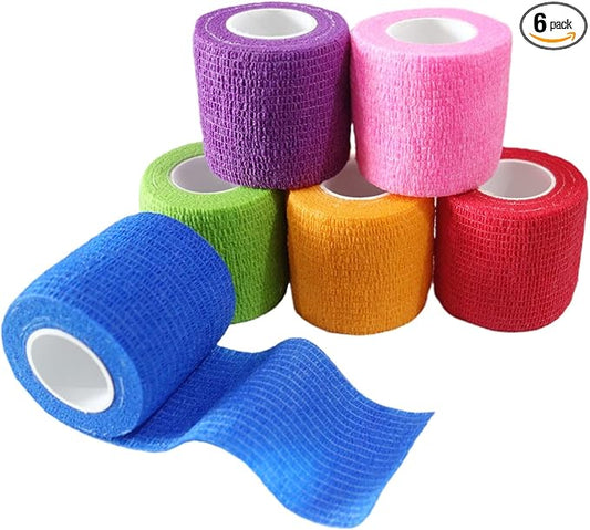 6 Pack 2" x 5 Yards Self Adhesive Bandage Wrap Breathable Cohesive Vet Wrap for Pets, Elastic Self-Adherent Tape for Sports, Wrist, Ankle (Mixed Colors)