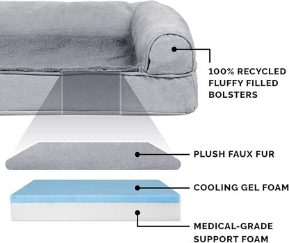 Furhaven Cooling Gel Dog Bed for Medium/Small Dogs w/ Removable Bolsters & Washable Cover, For Dogs Up to 35 lbs - Plush & Suede Sofa - Gray, Medium
