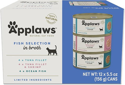 Applaws Natural Wet Cat Food in Broth, Made with Limited and Natural Ingredients, Fish Selection Variety Pack in Broth (12 x 5.5oz Cans)