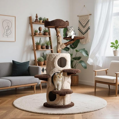 54.7'' Modern Cat Tree for Indoor Cats Large Adult, Wood Cat Tree with 3 Spacious Condos, Luxury Cat Tower with Cozy Perch, Scratching Post, Sturdy Kitty House Furniture for Small Medium Large Cats