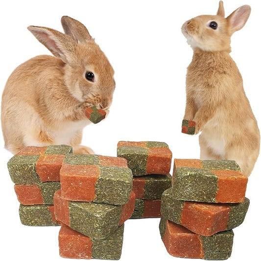 Fhiny 12 PCS Rabbit Carrots Chew Toys, Natural Timothy Hay Biscuit Cubes Rabbit Carrot Molar Treats Small Pet Snacks for Bunny Hamster Chinchilla Guinea Pig or Other Small Animals