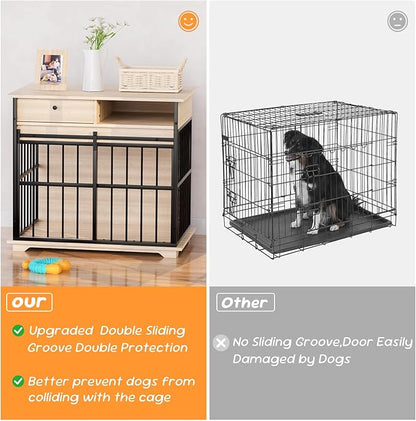 35.5" Dog Crate Furniture, Wooden Dog Crate Furniture for Medium Small Dogs, Wooden Dog Kennel End Table with Drawer and Open Shelves, Sliding Door Dog Kennel Furniture