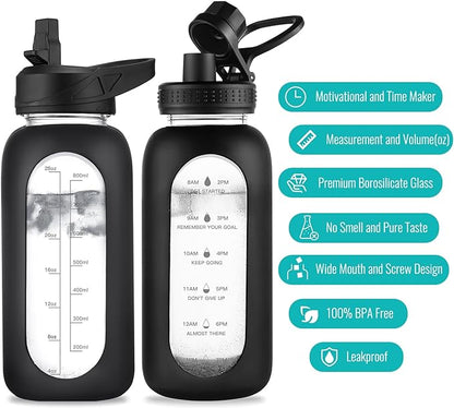 32 oz Glass Water Bottle with Straw and Handle, Sports Motivational Water Flask with Silicone Sleeve, Large Leakproof Water Flask Cup with Time Marker for Travel, Gym, Black