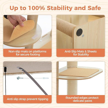 71" Tall Wood Cat Tree for Large Cats, Modern Cat Tower with 2 Acrylic Bowls, Large Top Perch, Spacious Cat Cave (Soft Cushion Included), 10 Sisal Scratching Posts and Non-Slip Jump Platforms