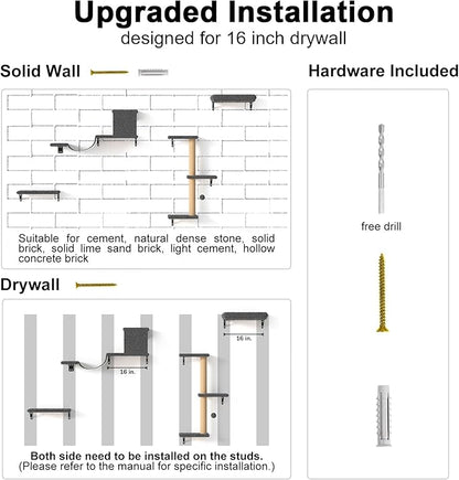 FUKUMARU Cat Wall Shelves, Stable & Safe 4 in 1 Cat Furniture Set, Wooden Climbing Wall with Scratching Post for 16 Inch Drywall - Gray