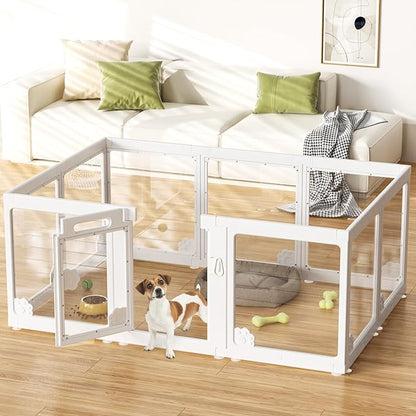 Acrylic Clear Dog Play Pen Indoors, Puppy Playpen with Door for Small Dogs Puppies, Transparent Plastic Pet Playpen Cage Fence Crate Kennel for Cat Kitten Rabbit Bunny Ferret etc (White-10 Panels)