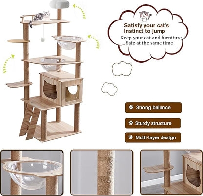 67-Inch Cat Tree for Indoor Cats Large Adult,Cat Tree Tower with Condo, Cat Stairs, 2 Bowl,14 Sisal Scratching Posts, Top Perch, with Padded Platform Bed,Toy Balls,Larg Large cat Tree.B12