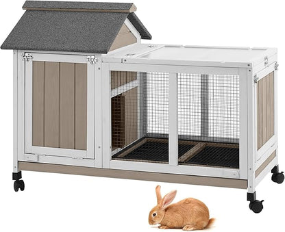 38''L Rabbit Hutch Outdoor Indoor with Wheels, Wooden Expandable 2 Story Bunny House Rabbit Cage with Run, Waterproof Roof, Pull Out Tray, Guinea Pig Cage Chicken Coop for Small to Medium Pets