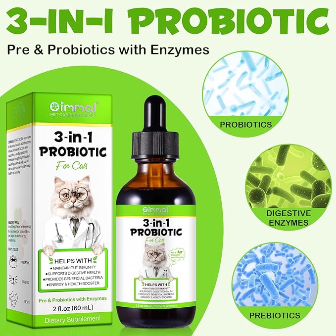 3-in-1 Probiotics for Cats(Pack of 2) with Digestive Enzymes & Prebiotics – Supports Gut Health, Immune System & Diarrhea Relief – 2 x 60ml for Cats of All Ages