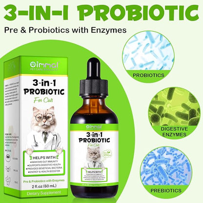 3 in 1 Probiotics for Cats, Cat Digestive Support,Daily Digestive Health Supplement with Multiple Strains of Bacteria Help with Diarrhea,Gas and Bloating, Cat Herbal Supplements- 60ml