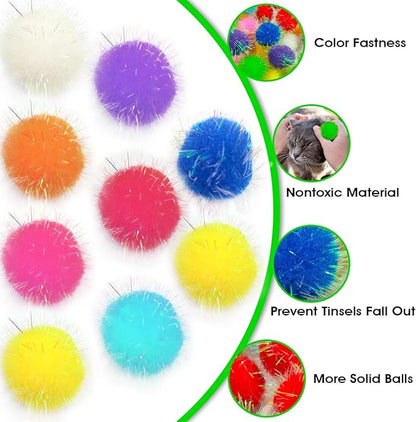 20 Pieces Mix Sizes Sparkle Pom Pom Balls for Cat - Interactive Glitter Balls, Multicolor, Best as Kitten Play Toys.