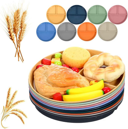 10 Pcs Unbreakable Divided Plates for Kids Adults, 9 Inch Round Portion Control Plate, 3 Compartment Plates with Dividers, Lightweight Reusable Dinnerware Portion Control Plastic, Dishwasher Safe