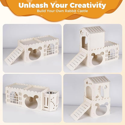 Extra Large Rabbit House, Wooden Bunny House Hideout with 4 Houses and Hay Feeder Indoor, Rabbit Guinea Pig Hideout Multistory Climbing Tower Sturdy Wooden Castle, Small Animal Hideaway Tunnel