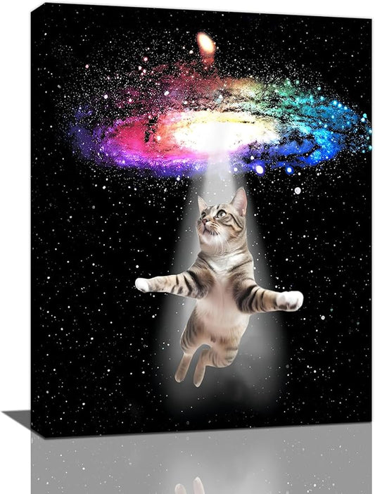 Funny Cat Wall Art Canvas Galaxy Wall Decor Prints Framed Painting Animal Pictures Gifts Artwork for Bathroom Living Dining Kitchen 12"x16"