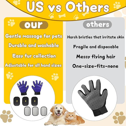 8 Pcs Pet Grooming Gloves for Shedding – 6x Reusable Cat & Dog Hair Removal Gloves+ 1 Pair 2-in-1 Deshedding Brush & Massage Mitt – Safe for Dogs & Cats, Efficient (Blue)