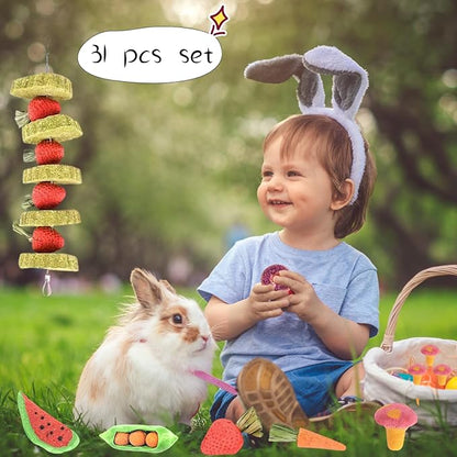 31 Pcs Small Pet Chew Toys for Dental Health - Natural Apple Wood, Timothy Grass Sticks & Sweet Bamboo, Teeth Grinding Toys for Rabbits, Guinea Pigs, Hamsters, Chinchillas Cage Accessories