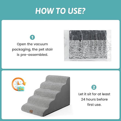 Extra Wide Dog Stairs 19.7" Width, Large Pet Step for Small Medium Dog, Puppy or Cat, Ramp for High Bed or Car, High Density Foam Ladder, Stable, 5 Step, 19.7x33x22.4 inch, White Black