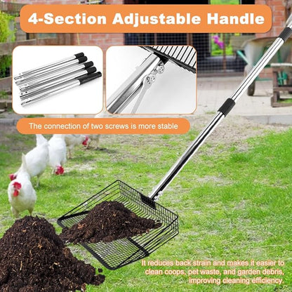 10inch Chicken Poop Scooper, Chicken Coop Scoop for Poop, 4 Sections Extended with 22 to 77inch Stainless Steel Adjustable Handle, Litter Scooper Sifting Shovel