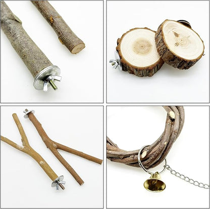 Allazone 10 PCS Natural Parrot Perch Bird Cage Accessories, Bird Platforms, Wood Stands, Grinding Fork Parakeet Platform for Small Lovebirds Budgies Cockatiels