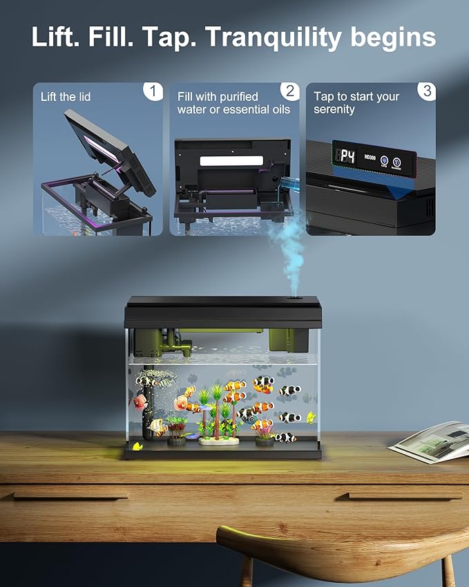 Fish Tank Aquarium Kit, 2.38 Gallon Beta Fish Aquariums, UHD Glass,Temperature Sensing, 7-Color Lighting Small Fish Tank for Kids/Desktop Decor