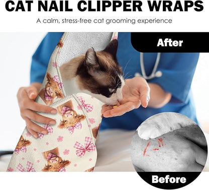 27.6" Cat Grooming Wrap, Self Adhesive Cat Wrap for Cutting Nails, Anti-Escape Calming Cat Swaddle Wrap for Medicine Ear Cleaning, Cow Anti-Scratch Cats Burrito Restraint Blanket, Practical Pet Tool