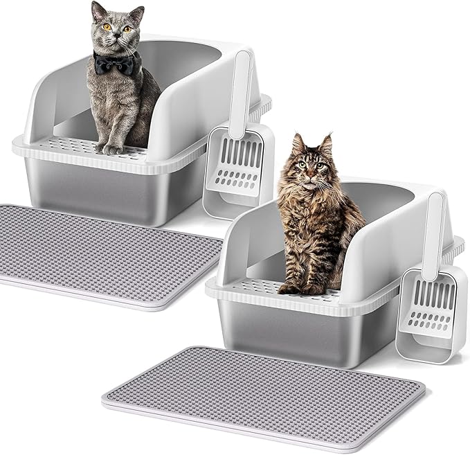 2 Pack Stainless Steel Cat Litter Box with Lid, 20" L x 14.2" W x 11.8" H, Extra Large Litter Box for Big Cats with High Sided, Anti-Urine Leakage, Easy Cleaning, Include Cat Mat and Scoop
