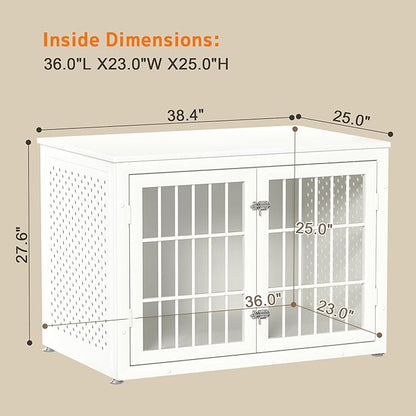 38" Heavy Duty Dog Crate Furniture for Large and Medium Dogs,Wooden Metal Kennel for High Anxiety Dogs, Chew Proof Pet Cage Indoor, Decorative Dog Kennel End Table, White