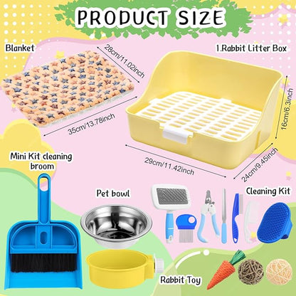 15 Pcs Rabbit Starter Kit Small Rabbit Litter Box Animal Grooming Kit Bunny Toys Bowl Blankets with Cleaning Set for Guinea Pig Accessories(Blue)