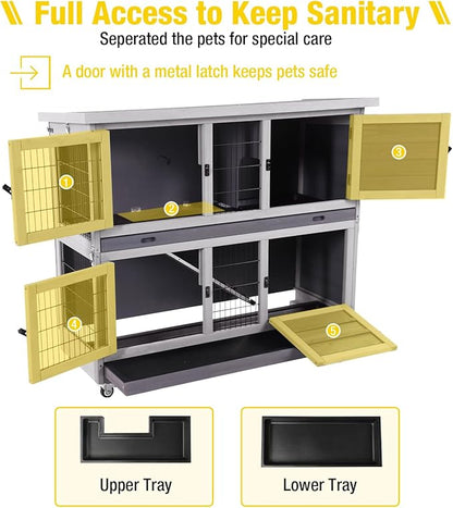 Aivituvin Rabbit Hutch Indoor, Folding Bunny Cage with Two Story, Rabbit Cage with Wheels, Anti Slip Ramp