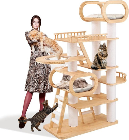 76.8'' Tall Modern Large Cat Tree,Multi-Level Wood Cat Tower for Indoor Cats Large Adults,Luxury Heavy Duty Cat Condo with Cushion,Scratching Posts,Clear Hammock Activity (76.8inch)