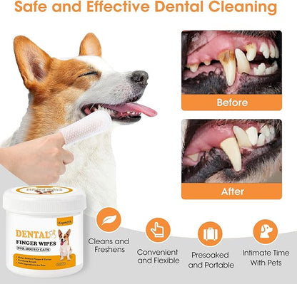 Finger Brushes for Dental Care of Pets, Teeth Cleaning Finger Wipes, Dog Dental Wipes, Reduce Plaque & Tartar, Freshen Breath, Safe & Natural Pet Dental Wipes for Dogs Teeth