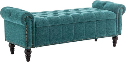58’’ Storage Bench for Bedroom, Upholstered Button-Tufted Ottoman with Solid Wood Legs, Queen Size End of Bed Shoe Cabinet, Window Seat Foot Rest Stool for Entryway, Living Room (Teal)