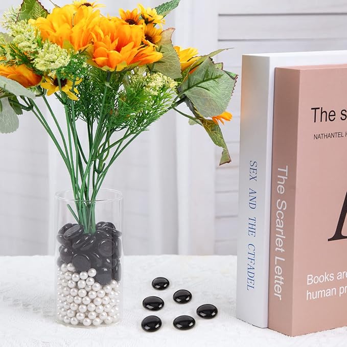 FUTUREPLUSX 1LB Black Flat Glass Marbles, Glass Pebbles Vase Filler, Dark Beads Fishbowl Decorative Gem for Table Scatter Home Decor