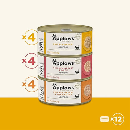 Applaws Natural Wet Canned Cat Food, Made with Limited and Natural Ingredients, Real Protein with No Artificial Additives, Chicken Selection Variety Pack in Broth (12 x 2.47oz Cans)