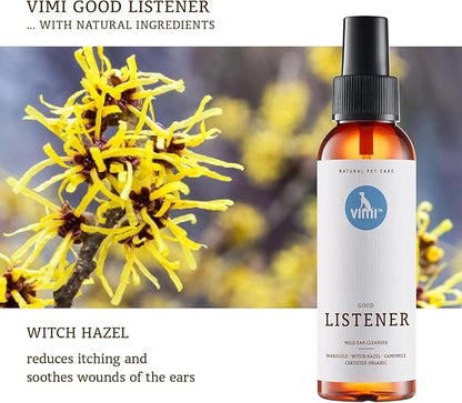 animaux vimi Ear Cleaner Good Listener - Ear Cleaner Spray for Sensitive Dog Ears - Ear Care with Camomile, Calendula & Witch Hazel - for Thorough & mild Cleaning - 3.38 Fl Oz