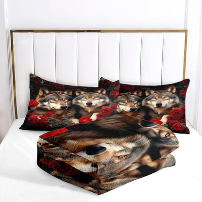 Wolf Comforter Set Queen Size Red Rose Wolves Bedding Set Wild Animal Bedding Sets Black Floral Animals Comforters 3 Piece Soft Down Alternative Comforter Sets for Girls Boys Kids Teens