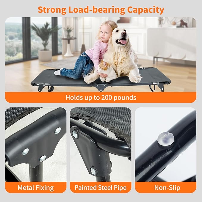 Elevated Dog Bed for Large Pet with No-Slip Feet, Foldable Portable Washable Raised Bed for Indoor&Outdoor Camping Dog Cot, with Cooling Waterproof Breathable Mesh (Large, Black-Textilene)