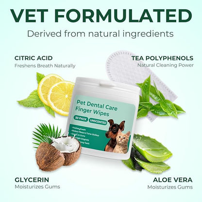 Dog Teeth Cleaning Wipes 50 Pack, Reduces Plaque and Freshens Breath, Dog Dental Wipes Dog Tooth Brushing Kit, No-Rinse Dog Toothbrush Finger Wipes Dental Care for Dogs Cats