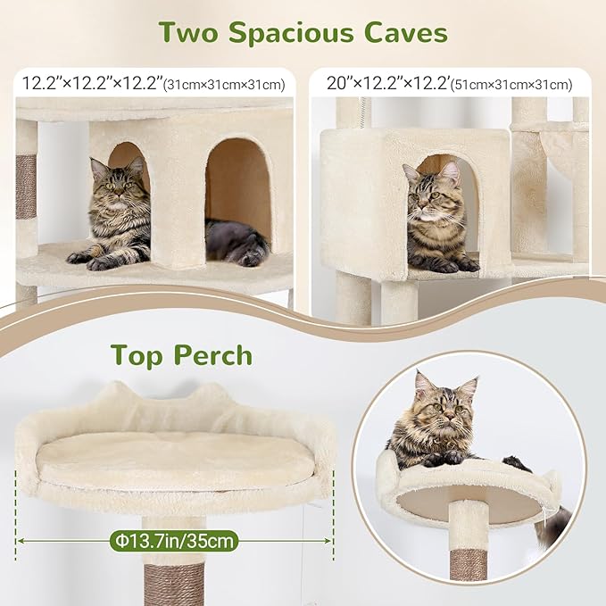 Globlazer Heavy Duty Cat Trees for Large Cats, Sturdy 72in Maine Coon Cat Tree for Large Cat 20 lbs+ Heavy Duty Cat Tower for Adult Biggest Cats with 6 Scratching Posts, Hammock, S72, Beige