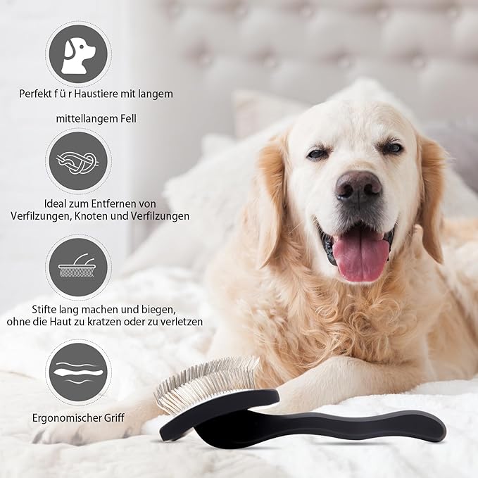 Dog Slicker Brush for Shedding and Grooming Medium or Long Haired Cats, Extra Long & Soft Pin Slicker Brush for Removes Loose Hair, Tangles, Knots, Undercoat, Free Pet Comb, Large Black