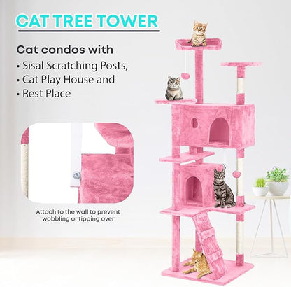 FDW Cat Tree 70in Cat Tower Multi-Level Durable Cat Scratching Post & Cozy Fun Cat Jumping Platform Space Saving Cat Condo Pet Play House for Indoor Cats,Pink