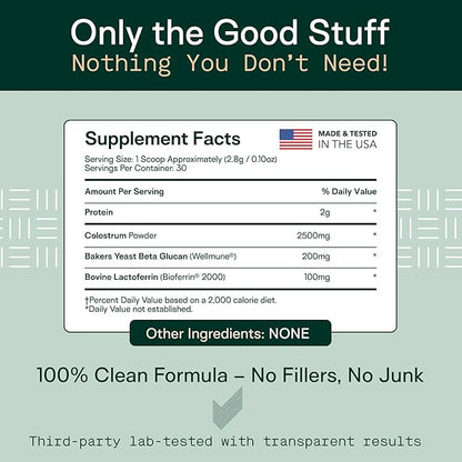 Adapt Naturals Colostrum Supplement with Lactoferrin & Beta-Glucan, Bio-Avail Grass Fed Bovine Colostrum Powder for Gut Health, Immune Support & Vitality | Non-GMO, 2500mg, Unflavored - 60 Days Supply