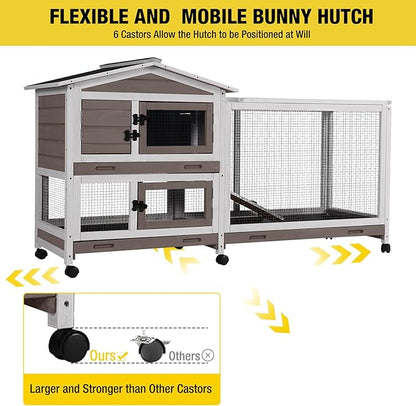 Aivituvin Rabbit Hutch 62" Rabbit Cage Indoor Outdoor Chicken Coop Guinea Pig Cage on Wheels Bunny Cage with 3 Deep No Leakage Pull Out Tray,Waterproof Roof (Brown)