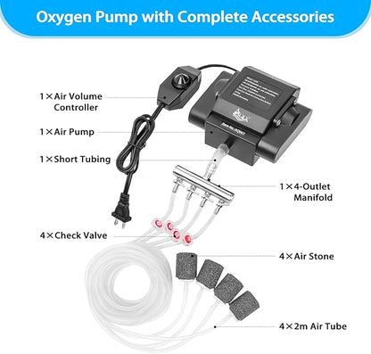 AQQA Aquarium Air Pump Powerful Pond Aerator Oxygen Pump 4 Outlets Adjustable Hydroponic Air Bubbler Pump with Air Stone Tube Air Valves for Up to 1000Gal (15W,356GPH)