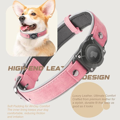 AirTag Dog Collar - Leather Dog Collar with Air Tag Holder | IPX8 Waterproof, Reflective, High - End, Adjustable Soft Padded | Dog GPS Tracker Collars Fit for Medium Large Dogs (Pink, L)