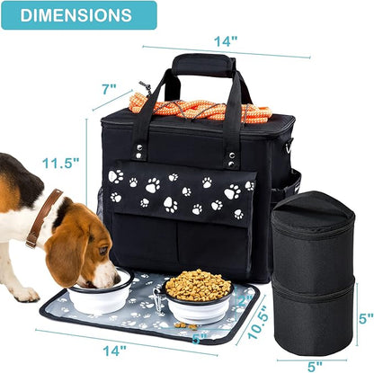 Dog Travel Bag, Airline Approved Dogs Bags for Traveling, 2 Dog 's Food Travel Container and Collapsible Bowls, Weekend Pet Travel Bags