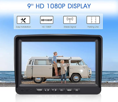 9" Wireless Backup Camera System for RV Truck Trailer Camper, 9 Inch DVR Quad Split Monitor IP69 Waterproof HD 1080P Wireless Rear Side View Cameras, Stable Signal Observation System - B904
