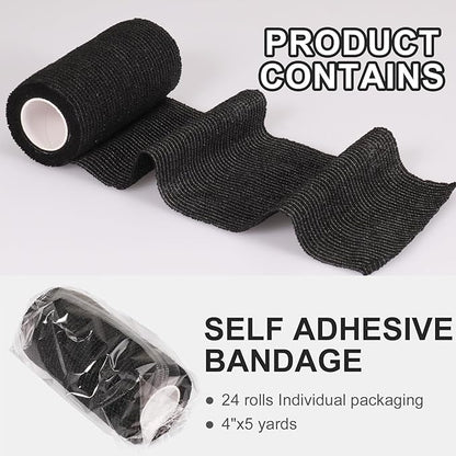24 Pack Self Adhesive Bandage Wrap, 4” x 5 Yards Cohesive Medical Tape Elastic Grip Tape Black Sports Tape Athletic for Ankle, Wrist Sprains, Pet First Aid (Black, 4 Inch)