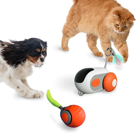 1pc Interactive Automatic Remote Control Cat Mice Car Toy and 1pc Smart Electric Moving Speedy Cat Ball Toy with Feather Tail, Suitable for Dogs, Keep Busy, Stimulating, Rechargeable (orange)