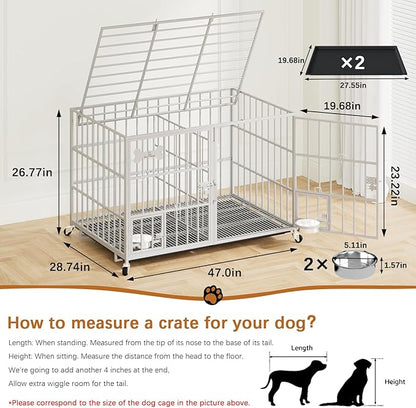 aboxoo 48/42 inch Heavy Duty Metal Dog Crate for 2 Dogs/Large Dog,All Metal Open Top,Dog Kennel Indoor with Wheels,Floor Grid, Tray, Divider and Feeding Bowl (Sliver)